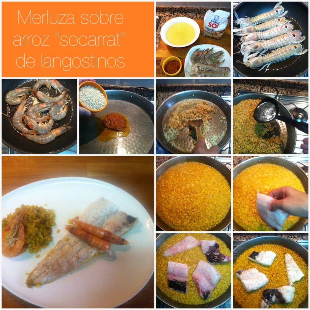 merluza sobre arroz socarrat de galeres y langostinos